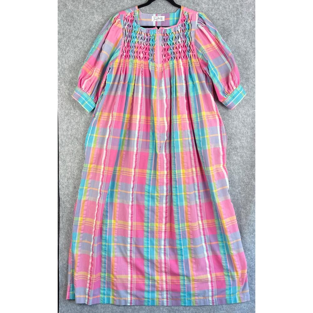 Vintage Saybury Kaftan House Dress Robe Womens Medium Plaid Pockets Seersucker